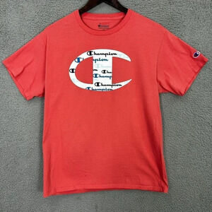 Champion shirt mens medium pink short sleeve big logo tee‎ casual basic cotton